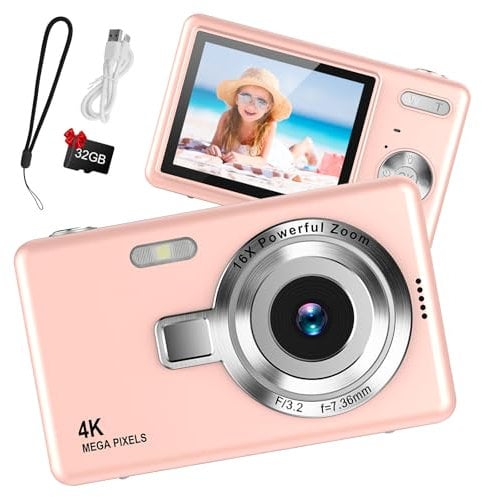 Digital Camera 1080P FHD 44MP with 2.4 LCD Screen,16X Digital Zoom, Compact Portable Vlogging Camera with 32gb SD Card for Kids Teen Students Beginner (Pink)