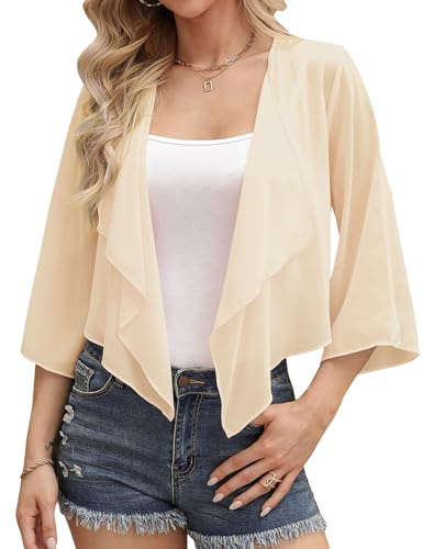 Aottori Coprispalle Donna Chiffon Elegante Bolero Maniche 3/4 Cardigan Estivo Corto Giacca Trasparente Leggero per Cerimonia Festiva Champagne S