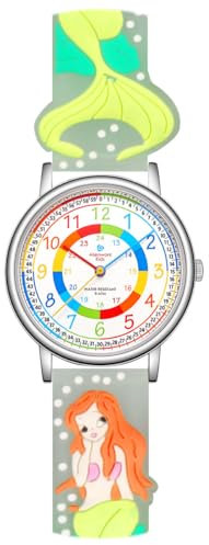 Alienwork Kids Lernuhr Kinderuhr Mädchen Uhrzeit Lernen Silber Kautschuk-Armband Transparent Mehrfarbig Kinder-Uhr Wasserdicht 5 ATM Zeit Lernen
