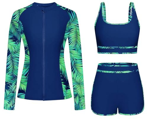 Traje de baño de 3 piezas para mujer, con protección UV UPF 50+, manga larga, traje de baño con cremallera, conjunto de bikini modesto, protección solar, camiseta de natación, parte superior de