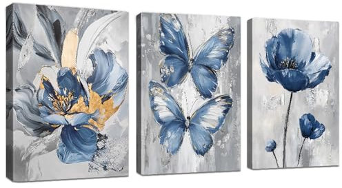 WENGTIAO 3Pcs Blau Schmetterling Blumen Leinwand Bilder Kunstdrucke Gerahmte Bild Aesthetic Abstrakt Geblümt Malerei Wandbilder auf Leinwand Modern Wohnzimmer Schlafzimmer Wanddeko 40x60 cmx3