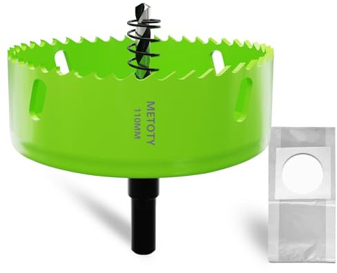 METOTY Scie cloche bi-métal 110 mm, universelle, HSS M42, avec adaptateur de tige triangulaire et foret de centrage, un sac à poussière pour aluminium, métaux, plastiques, verre acrylique, bois