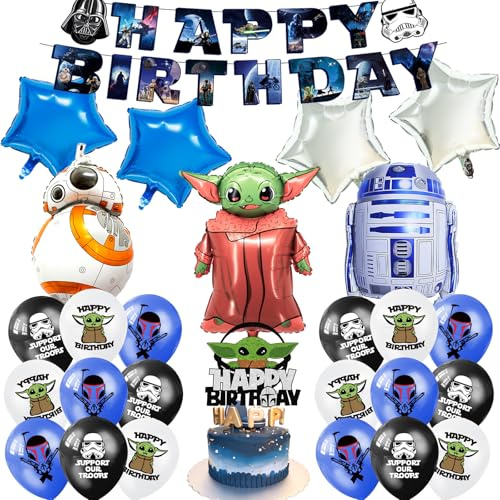 6PCS Cartoon Birthday Decorations, Cartoon Foil Balloons Wars Theme Party Decorations Set with Banner Wars Birthday Party Supplies for Kids Boys Girls
