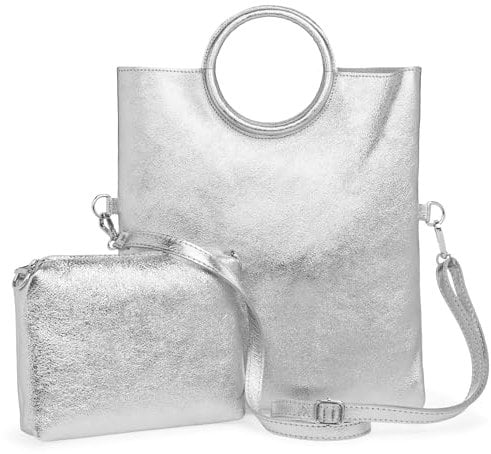 Caspar 2 in 1 Leder Set Umhängetasche mittelgroße Damen Handtasche Crossbody Bag mit herausnehmbarer Innentasche - CLASSIC LINE - Modell No.836 - Made in Italy, Farbe:silber metallic
