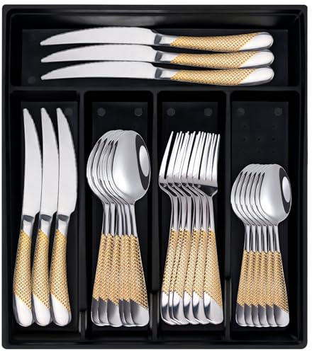 24-Piece Silverware Set with Organizer, Stainless Steel Flatware Cutlery Set with Non-Slip Handle, Mirror Polished Tableware Utensils Set for Home Restaurant (Goldsilver)