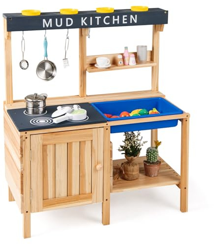FANTASK Matschküche aus Holz, Kinder Spielküche mit abnehmbarem Waschbecken & Zubehör, Outdoor Kinderküche mit Schrank, 2 Ablagefächern, Becherhalter & Haken, Gartenküche für Kinder ab 3 Jahren