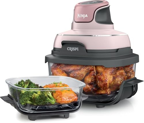 Ninja CRISPi Tragbare Heißluftfritteuse, 3,8 l & 1,4 l, 4-in-1: Heißluftfrittieren, Braten, Warmhalten, Aufknuspern, kompakt, 6 Portionen, 2 abnehmbare Glasbehälter & Deckel, 1700 W, Pink FN101EUPK