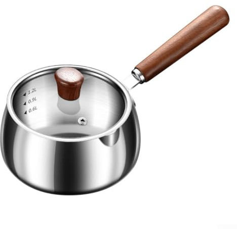 Kleiner Milchtopf aus Edelstahl 316 mit verdicktem Boden, hitzebeständigem Holzgriff und Deckel, zum Kochen von Babynahrung, Saucen und Suppen (Silvery1)