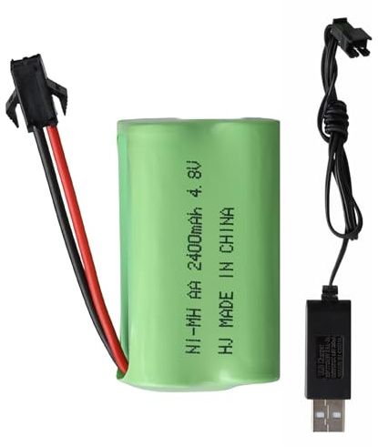 4.8V 2400mAh NiMH Battery Pack, Rechargeable SM-2P Plug with USB Charging Cable Suitable Compatible with RC/Remote Control Cars, Buggy, Boats, Helicopter, Airplane, Airsoft Guns