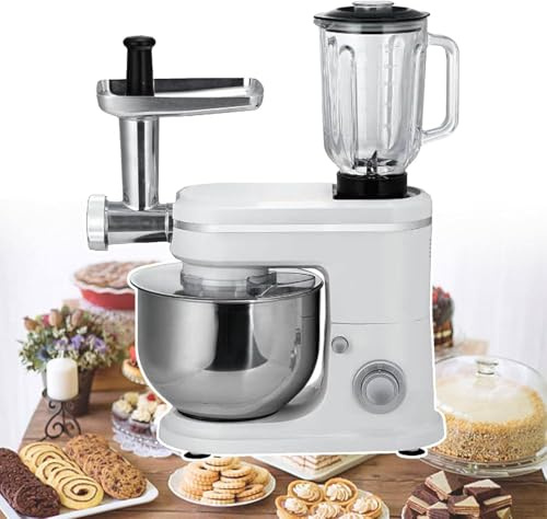 Amasadora eléctrica 3 en 1 con licuadora y picadora de carne, recipiente de acero inoxidable de 6 l, 6 velocidades para hornear y cocinar en restaurantes y pastelerías.