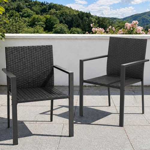 UDPATIO Gartenstühle Stapelbar 2er Set, Gartenstuhl Hochlehner aus Polyrattan, Rattan Stühle, Stapelstühle Wetterfest, Balkonstuhl Metall, Terrassenstühle für Garten, Outdoor, Schwarz