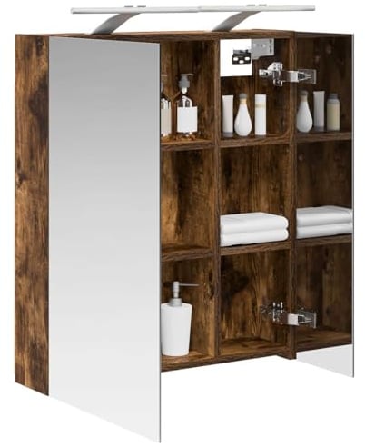 vidaXL Badezimmerspiegelschrank Geräucherte Eiche 60 x 14,5 x 70 cm, Badezimmermöbel, moderner, rechteckiger Aufbewahrungsschrank, Wandspiegel, verstellbare Regale, praktisch