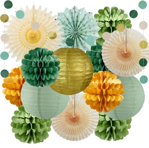 Salbeigrün Party Deko,Olivgrün Creme Gold Papierlaternen Papierfächer Papierblumen Seidenpapier Pompoms Girlande für Salbei Hochzeit Party Dekorationen Geburtstag Babyparty Brautparty Geburtstagsdeko