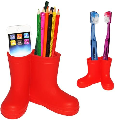 alles-meine.de GmbH 2 TLG. Set Verschiedene Gummistiefel - ROT - Utensilienbehälter/Stiftebecher/Schminkstiftehalter/Zahnbürstenhalter - aus Silikon - für Kinder & Er..