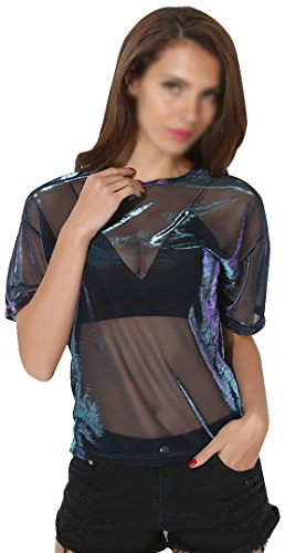 AiSi Damen Kurzarm-T-Shirt für Sommer, transparent durchsichtig Tüll, Schwarz XL