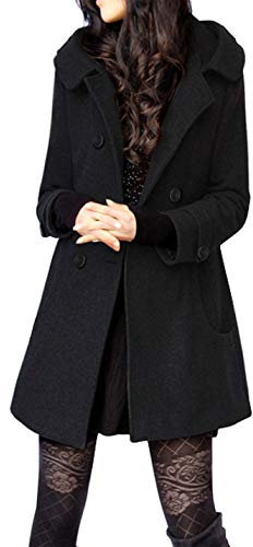 Tanming Women's Warm Double Breasted Wool Pea Coat Trench Coat Jacket with Hood