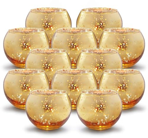 Volens Round Gold Votive Candle Holders, Mercury Glass Candle Holder Set of 12, Wedding Decorations for Table