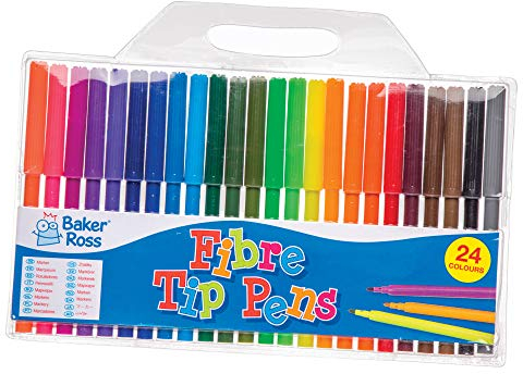 Baker Ross AW345 Fine Tip Fibre Tip Pens Bumper - Pack of 24, Arts and Crafts Felt Tip Pens for Kids, Assorted Colours