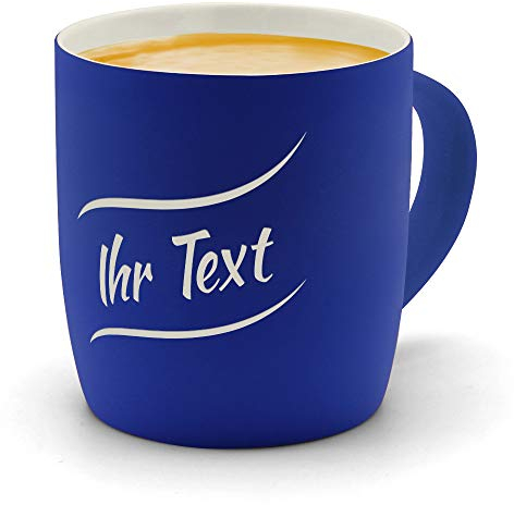printplanet® - Kaffeebecher mit eigenem Text graviert - SoftTouch Tasse mit Wunschtext - Matt-gummierte Oberfläche - Farbe Blau - Motiv: Textwelle 1. Zeilig