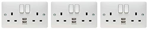 Pack of 3 x Hager WMSS82USB 'Sollysta' Switch Sockets Outlet 13 Amp with 2 x USB Sockets