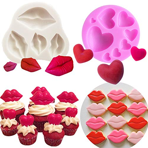 JeVenis Set of 2 Sexy Kiss Collection Red Lips Fondant Mold Cake Decoration Cupcake Topper Polymer Clay Soap Wax for Baby Shower Wedding Party Supplies