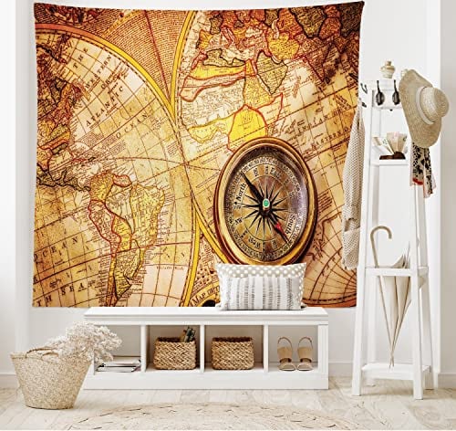 ABAKUHAUS Geschichte Wandteppich und Tagesdecke, Welts-Karte aus Weiches Mikrofaser Stoff Waschbar ohne Verblassen Digitaldruck, 230 x 140 cm, Orange Gelb