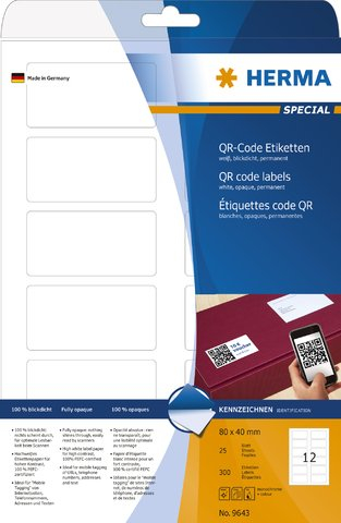 HERMA Etikett, QR-Codes, Inkjet/Laser/Kopierer, auf A4-Bogen, selbstklebend, abgerundete Ecken, 80 x 40 mm, weiÃ, opak (300 Stück), Sie erhalten 1 Packung á 300 Stück
