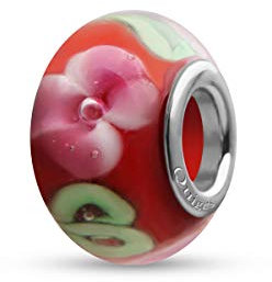 Quiges Drops Femme Perle de Verre de Murano Charm Rouge Fleur Rose et Pétales Vert