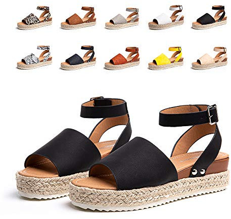Hitmars Sandalias Mujer Verano Plataforma Alpargatas Esparto Cuña Zapato Punta Abierta Hebilla Comodas Negro Talla 38 EU