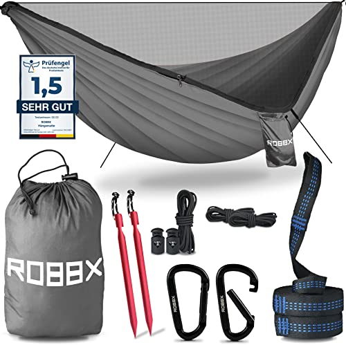 ROBBX® Hängematte Outdoor mit Moskitonetz für 2 Personen | 300kg Traglast | Doppelhängematte mit Befestigungs-Set | Nylon Camping Reisehängematte | 290x140cm Grau