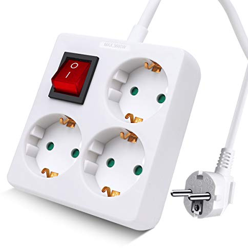 EXTRASTAR 3 Fach Steckdosenleiste Quadratisch mit Schalter & Kinderschutz | 3M Kabel, 16A, 3680W 3G1.5mm², Steckdosenleiste für Büro und Zuhause, Weiß