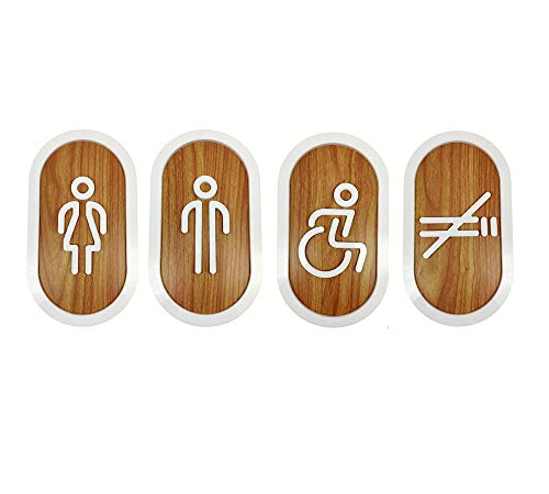 DOJA Barcelona | Cartel para Baño | Hombre + Mujer + Discapacitado + Prohibido Fumar | Color Madera |100mm x180mm | Simbolo Adhesivo WC para Puerta | Placa Pegatina para Aseo, Señal de Lavabo