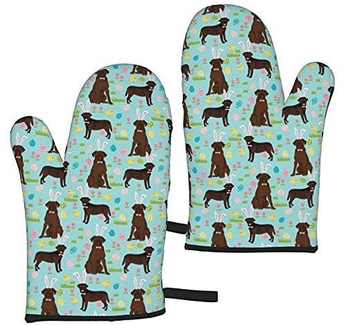 Oven Gloves,Chocolate Labrador Easter Dog Pastel Easter Spring Blue Oven Mitts,Heat Resistant Cooking Glove Oven Baking Mitts (1 Pair)