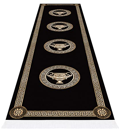 Premium Flur Teppich Läufer Teppichläufer in Schwarz Gold Mäander Amphore Muster mit Fransen Flur Schlafzimmer Wohnzimmer - Kurzflor Flauschig Antirutsch Seidenoptik 100% Viskose - 80x200 cm