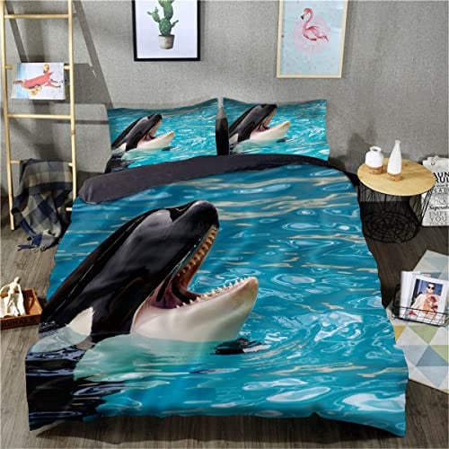 3D-gedruckte Bettwäsche, Bettbezug, Orca-Bettbezug, Bettwäsche-Set mit Reißverschluss (Einzelgröße 135 x 200 cm, 1 Bettbezug + 1 Kissenbezug)