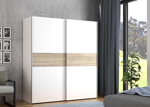 Forte LONGLINE Schrank 170, Schwebetürenschrank modern, 2-türig, weißer Kleiderschrank, Holzwerkstoff, Weiß / Sonoma Eiche Holzdekor, 170 cm breit x 190,5 cm hoch x 61 cm tief
