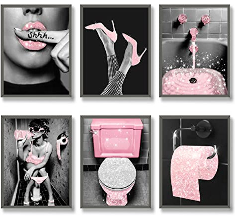 Luodroduo Lot de 6 impressions sur toile de soie glamour à paillettes pour salle de bain, noir et blanc, moderne, pour salle de bain (27,9 x 35,6 cm, sans cadre)