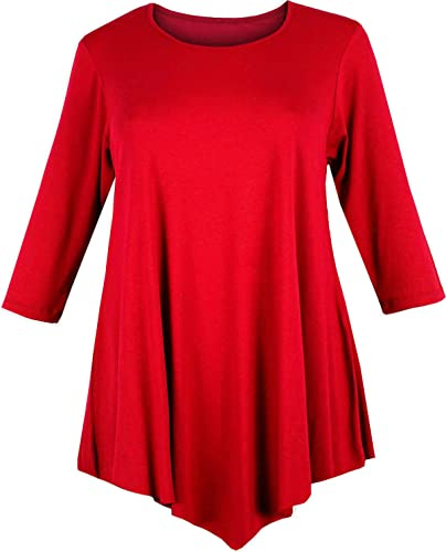 Ladies V-cut Tunic Top Plus Size Loose Ladies Dress Swing Baggy 3/4 Sleeve Top (Red, 12-14)