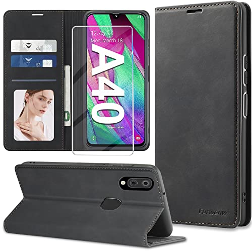 Nshkeji Handyhülle für Samsung Galaxy A40, Premium PU Leder, Klapphülle mit 3 Kartenfächern, integriertem Ständer, Schwarz