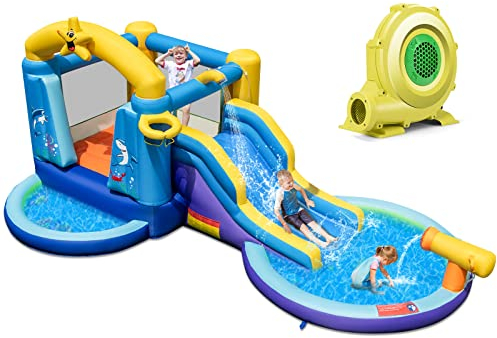 COSTWAY Hüpfburg mit Gebläse und Rutsche, Wasserpark mit 2 Pools, Wasserkanone, Basketballkorb, Kinder Hüpfburg für Hof, Park, 490 x 290 x 220 cm