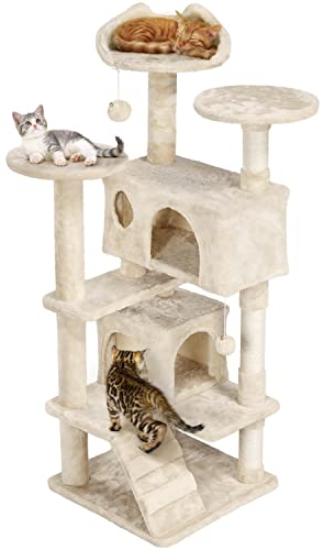 Yaheetech Rascador para Gatos Grandes Torre para Gatos Medianos Casitas de Sisal Centro de Actividad para Gatitos Altura 138 cm Beige