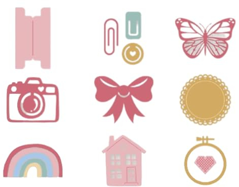 Craftelier - Mini Basis Stanzschablonen Set | Beinhaltet Büroklammer, Schmetterling, Schleife, Kamera, Registerkarte, Blondine, Rahmen, Regenbogen und Hausformen