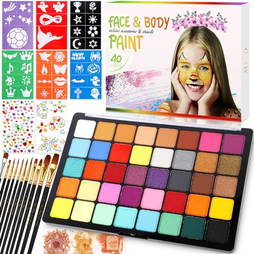 POWZOO Pinturas Cara para Niños,Pinturas Pintacaras para Niños-40 Colores,Pintura Facial y Corporal,Lavable,No Tóxico,con 11 Pinceles,41 Plantillas y 2 Pegatinas,Maquillaje Carnaval Halloween.