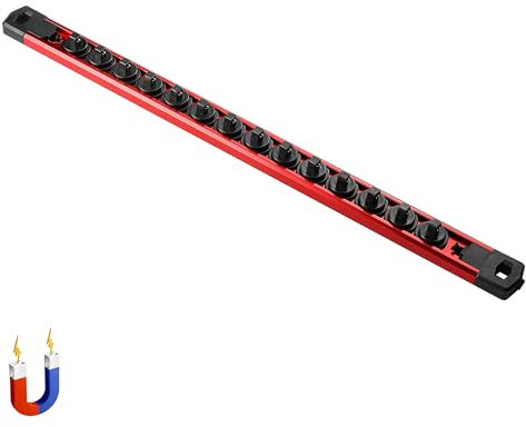 ALOANES Magnetic Socket Organizer Set, 3/8-Inch Drive Heavy Duty Aluminum Socket Rail Organizer, 360° Swivel Clips Socket Holder Kit for Toolbox Drawer Fit 3/8-Inch x 14 Clips (Red, 1PC)