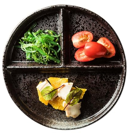 TYMYYS Japanische Portionskontrollplatten, Geteilte Teller Für Erwachsene, Bariatrische Platten Zur Portionskontrolle, Wiederverwendbar 3 Abschnitt MittagessenTablett-Tianmu-Glasur-3 Netz