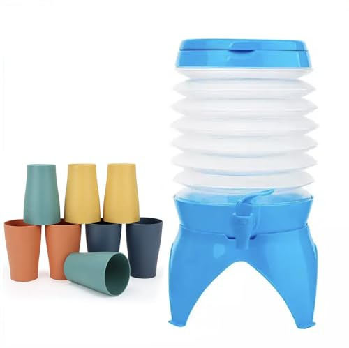 RHP Faltbarer Getränkespender 9,5L mit 8 Becher: Kompakter Wasserspender mit Auslaufhahn und Ständer für Camping und Kochgeschirr. Praktisch für Limonaden, Säfte und Schorlen. Platzsparend und tragbar