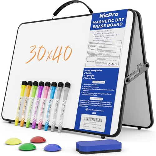 Nicpro Tableau blanc pliable effaçable à sec A3 avec support et poignée, 30 x 40 cm, tableau blanc magnétique double face avec stylos, aimant gomme, chevalet d'écriture portable pour enfants, dessin,