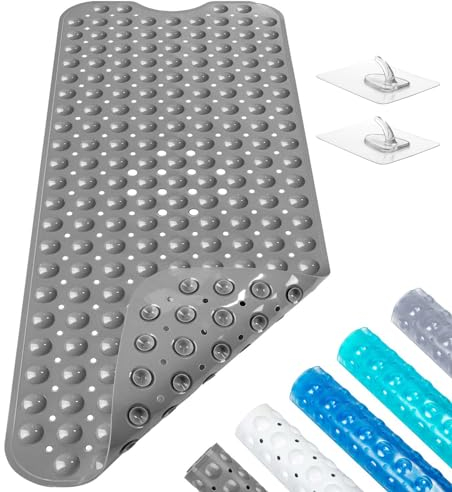 Baozun Tappetino Antiscivolo per Vasca da Bagno e Doccia,100 x 40cm Extra Lungo con Ventose Bath Mat Universale per Bagno, in PVC,Antibatterico,Resistente alla Muffa,Lavabili in Lavatrice (Grigio)