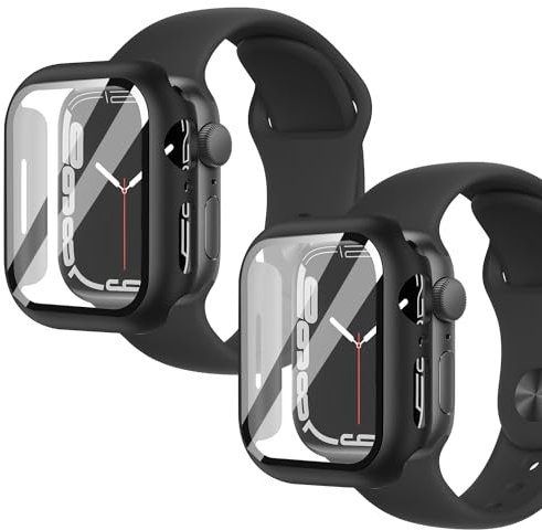 Crymow Cover per Apple Watch Series 9/8/7 45mm Vetro Temperato Pellicola Protettiva,Ultra HD Clear,PC Rigido Case Protettiva Ultrasottil per Apple Watch Series 9/8/7 45mm,Nero[2 Pezzi]