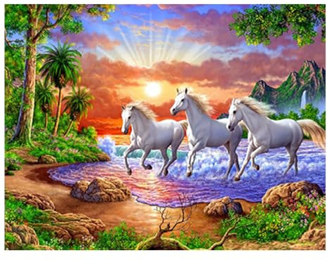 DCIDBEI 50x40CM 5D Diamond Painting Cavallo Bianco, DIY Rotondo Pittura Diamante Paesaggio Tramonto, Kit Punto Croce Tramonto, Decorazione Murale Soggiorno Camera Da Letto Ingresso